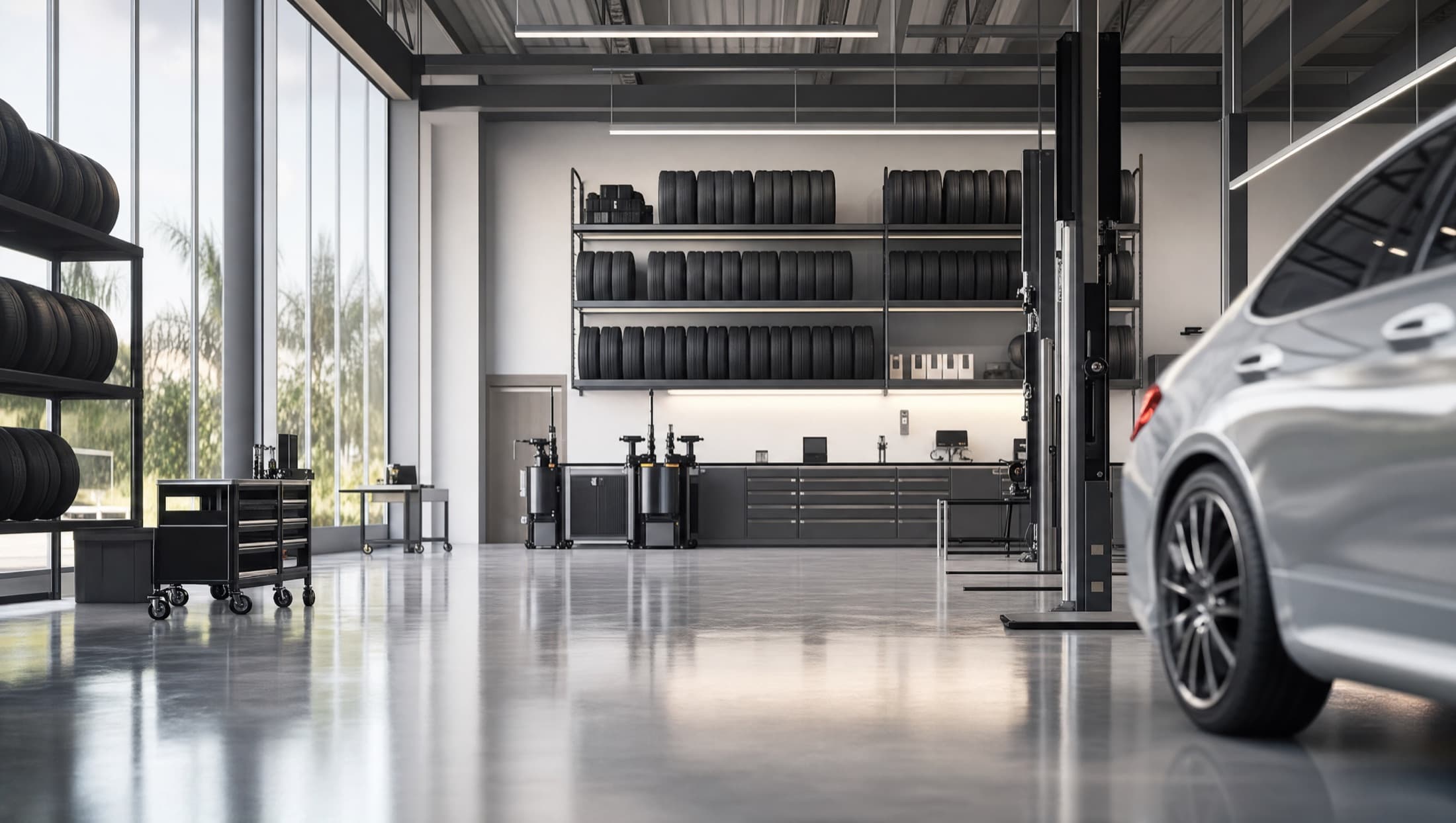 Tyre shop with lifts, stored tyres and work area